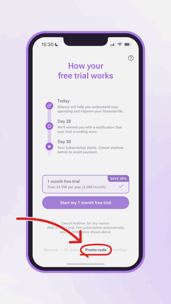Como colocar o Promo Code na Bilance App