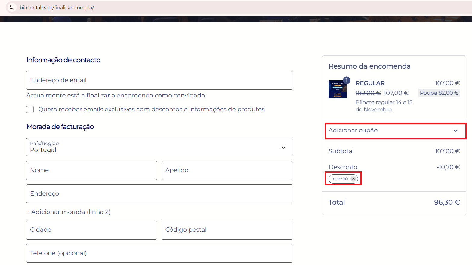 Exemplo de compra de bilhete Regular - Bitcoin Talks 2026